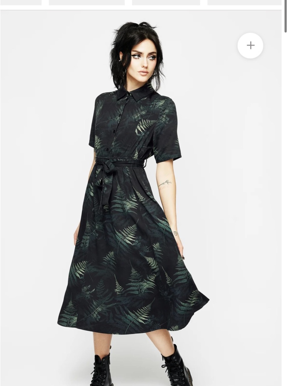 Disturbia Dark Green Fern Print Button-Front Midi Dress